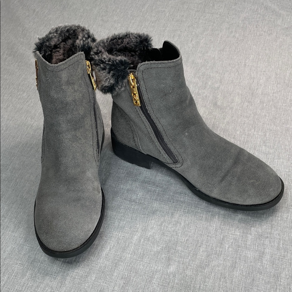 Cole Haan Gray Suede Ankle Boots Faux Fur 6.5 Side Zippers Waterproof Booties